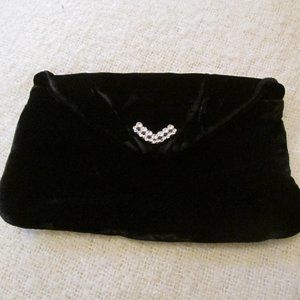 Vintage Black Velvet Fold Over Clutch Purse Bag Rhinestone Accent  & Coin Purse